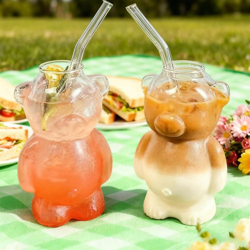 320ml Cute Bear Shaped Coffee Mug Cartoon Bear Glass Cup with Straw Transparent Cup Birthday Christmas Gift for Kids Friends