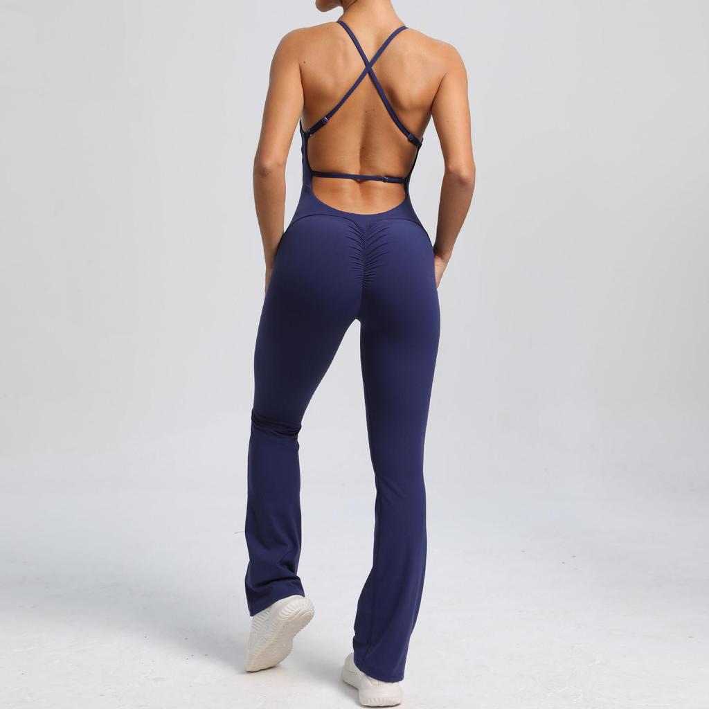 Adjustable Strap Flare Bodysuit Yoga Wear - European & American Sports Fitness Jumpsuit