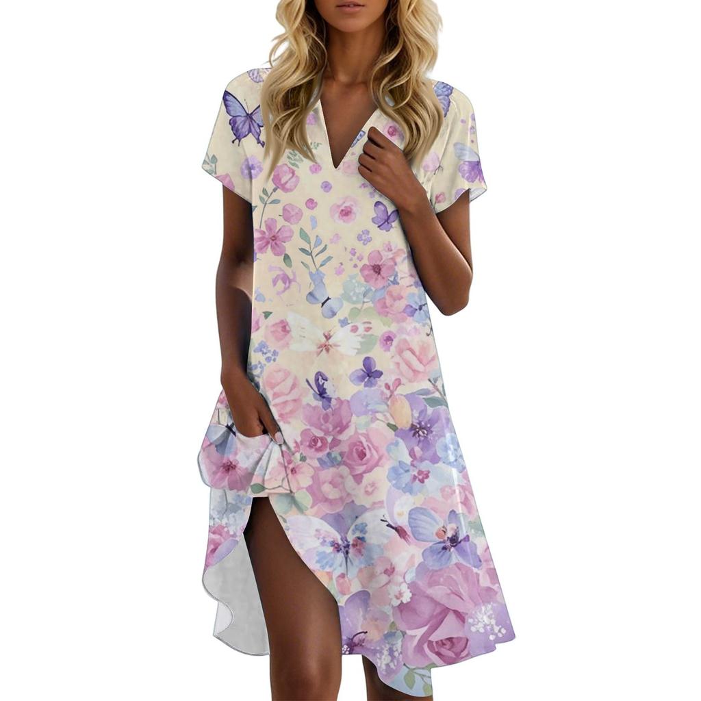 Women's Casual Fashion Stand Collar Floral Print Short Sleeve Dress