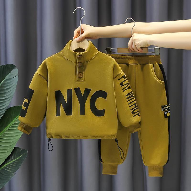 

Осенне-зимний комплект из плюша для мальчиков, красивая детская спортивная и досуговая толстовка с капюшоном и штаны, комплект из двух предметов для мальчиков 110cm жёлтый