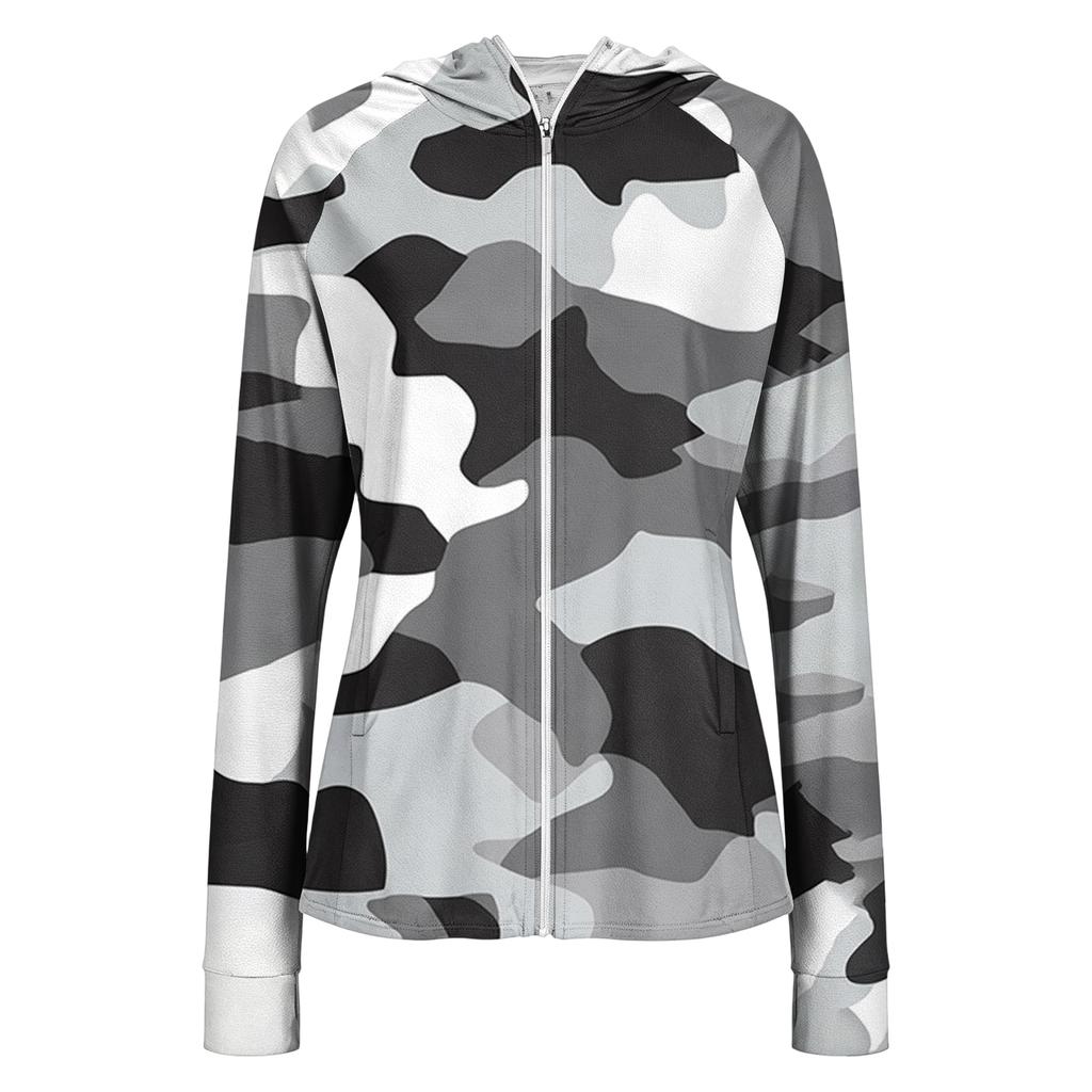 Leichte Kapuzenjacke mit Reißverschluss und Taschen für Damen, Langarm, Camouflage, Sonnenschutzjacke für Outdoor-Aktivitäten