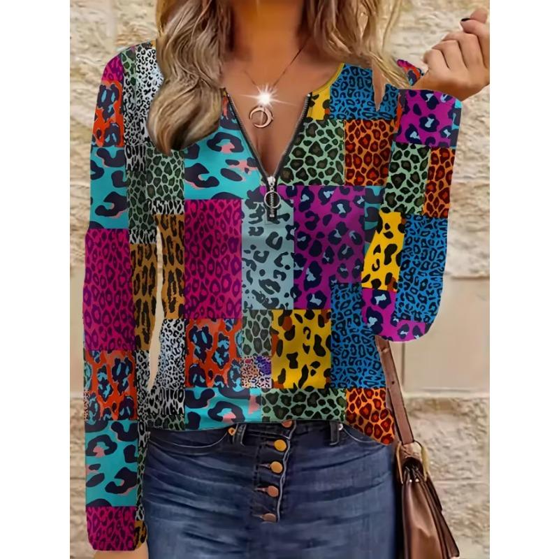 Elegantes Damenoberteil mit Reißverschluss und Print, langärmelig, stilvoll und vielseitig für Herbst und Winter, Freizeit- und Bürokleidung, maschinenwaschbar
