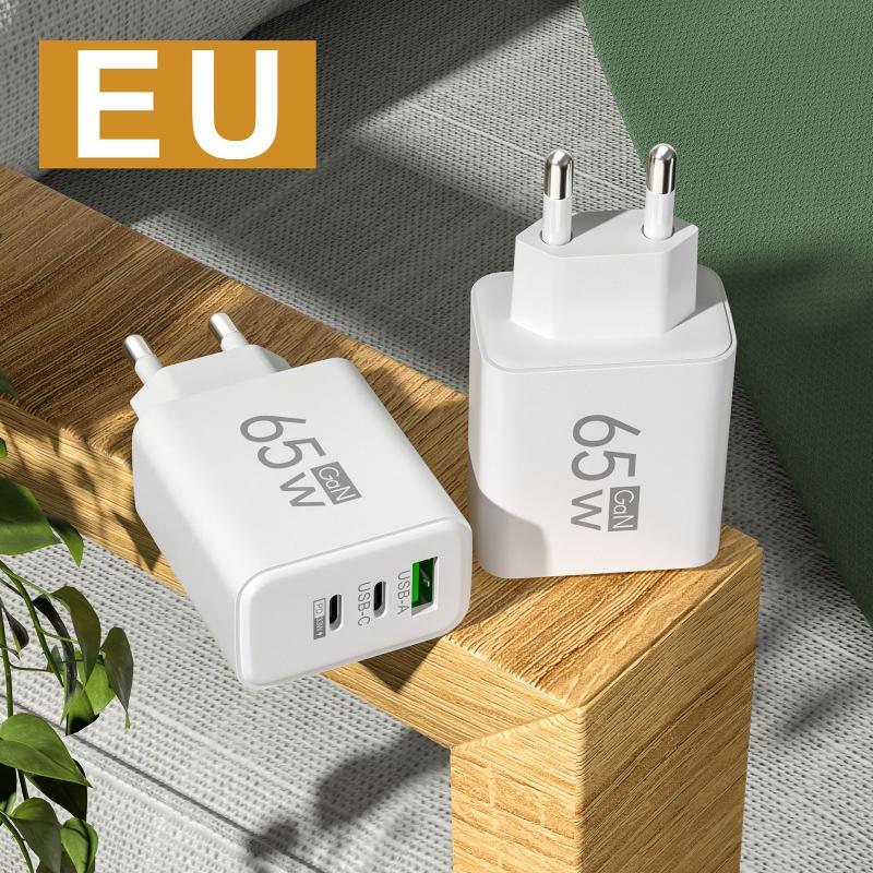 65W GaN Reise-Ladegerät EU-Stecker Dual USB C + USB A Port Schnelllade-Wandadapter Kompaktes Ladegerät für Telefon Laptop Tablet