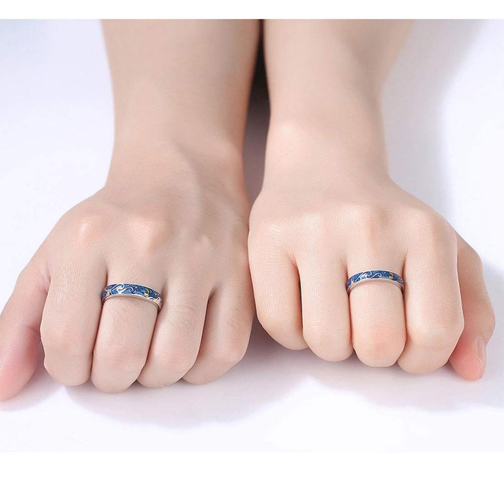 Matching Popular One Size Fits and Matching Set of Hawaiian Wedding Popular Couple Blue Starry Sky Eternal Engagement Silver 925 Ring Finish [Rockyu]