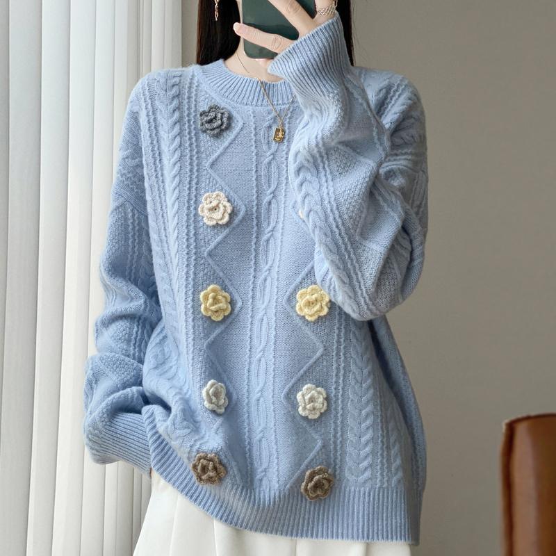 

Women Sweater 100% Wool TIDENOVEL O-neck Knit Pullover Thick Winter Jumpers Female Knit Tops L небесно-голубой