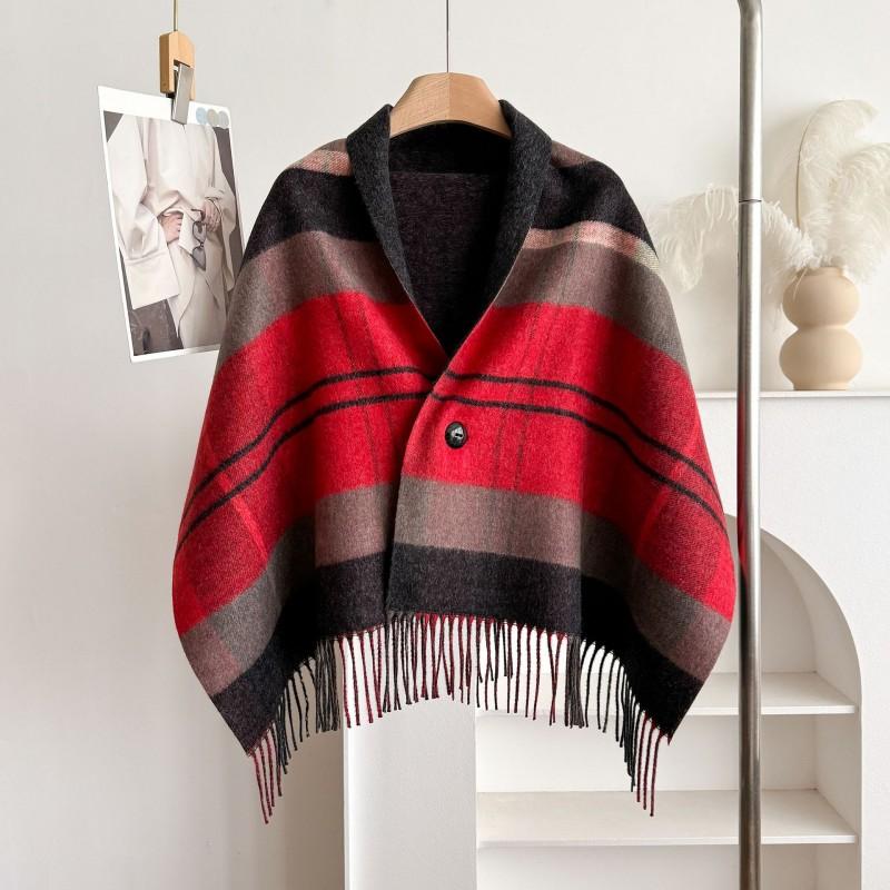 Womens Winter Plaid Shawl Scarf With Tassels Double-Sided Wool-Blend Wrap Warm Oversized Poncho Cold Weather