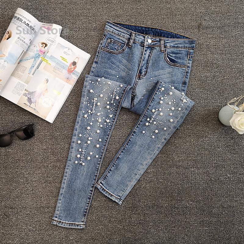 Wovey Europese Station Kralen Jeans Dames Zomer Veelzijdig Gescheurd Elastisch Skinny Smalle Pijp Negenpunts Broek L