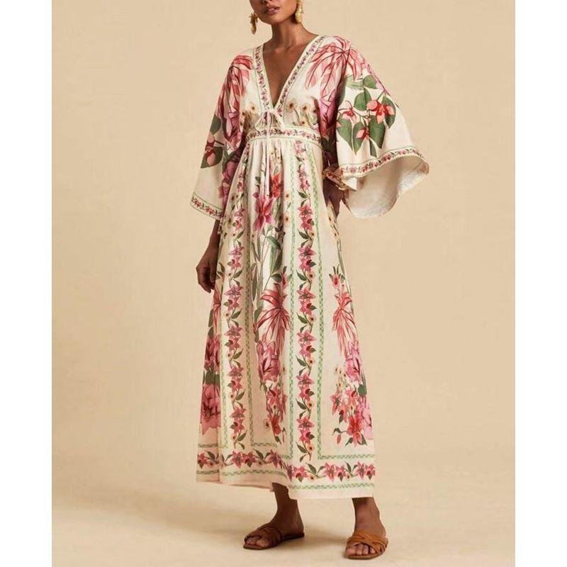 

Модное платье с V-образным вырезом, принтом, свободного кроя, в богемном стиле, длинного фасона, с длинным рукавом Red S