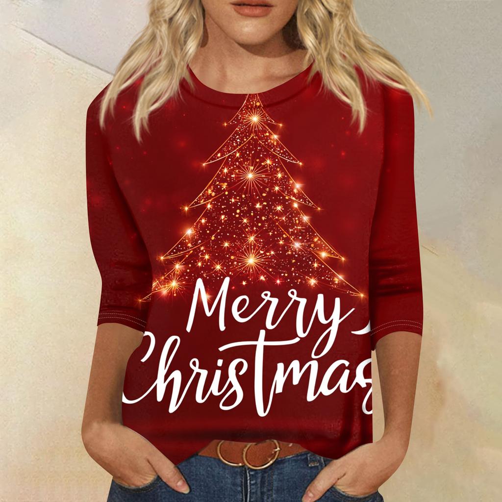 Women's Fashion Casual Round Neck Three-quarter Sleeve Christmas Print T-shirt Top