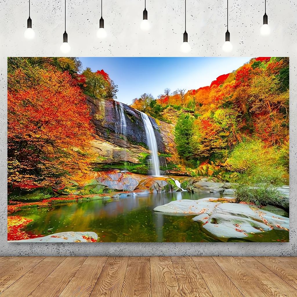 One a backdrop of a waterfall - autumn waterfall stones lake yellow leaves natural scenery photography background.PMJ