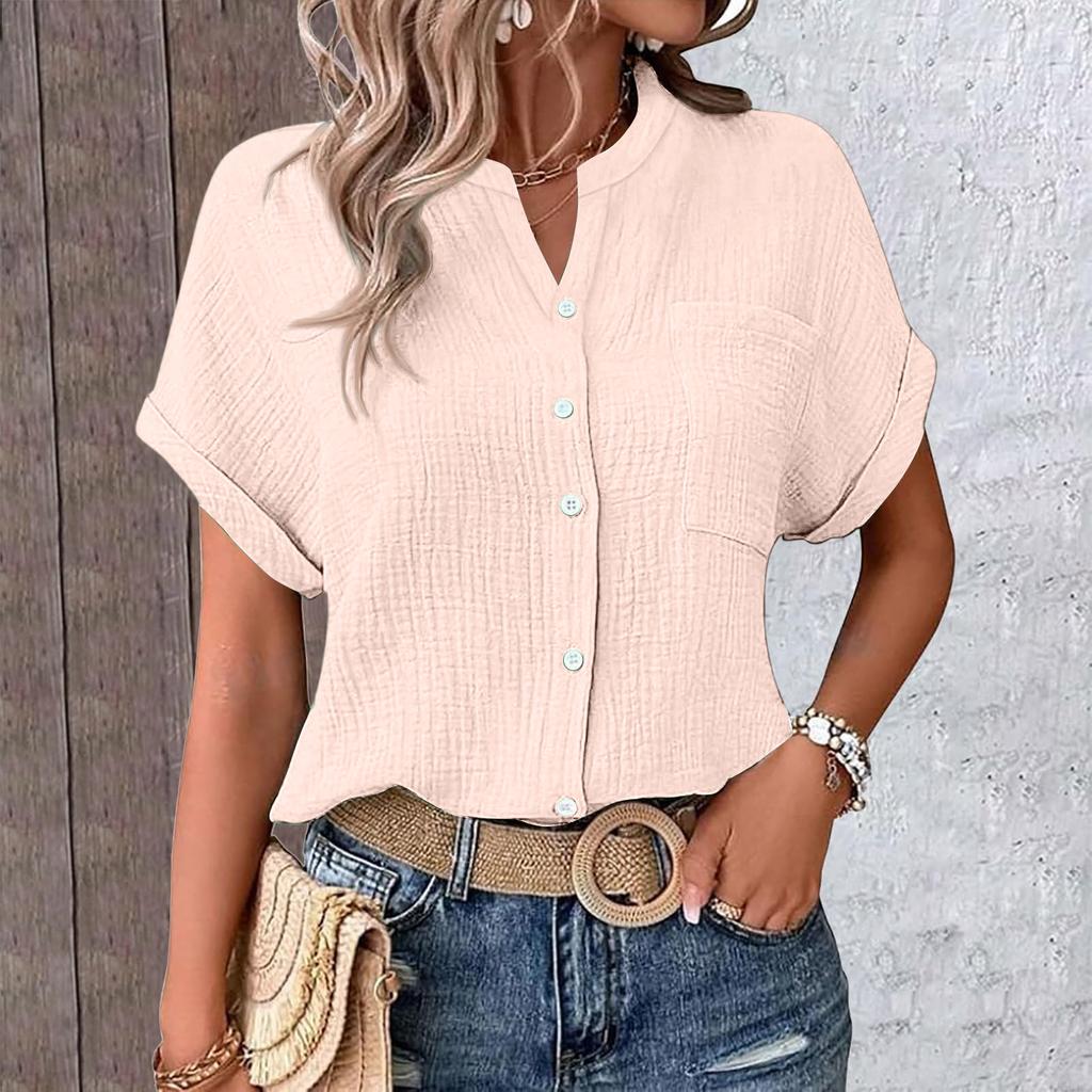 Women's Color Shirt Casual Short Sleeved Button Up Shirt For Women
