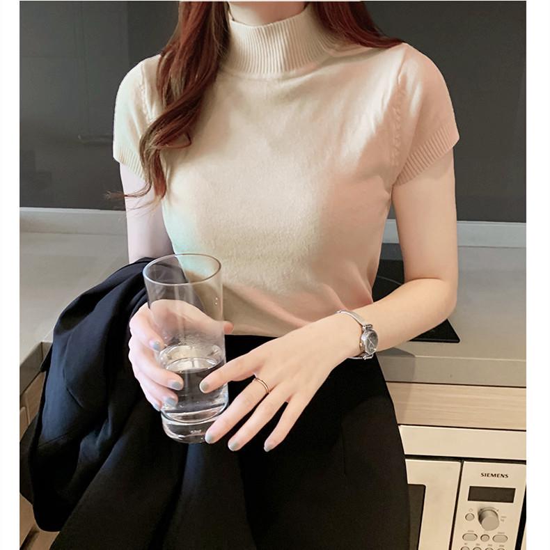 

Women s Summer Korean Style Knit Half Turtleneck Slim Fit Short Sleeve Top One Size абрикосовий