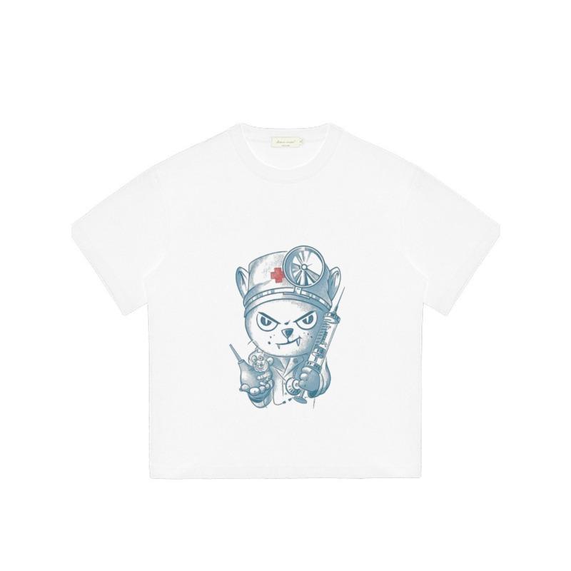 Crewneck T Shirt White Cat Nurse with Syringe and Stethoscope Print Casual Streetwear for Men and Women