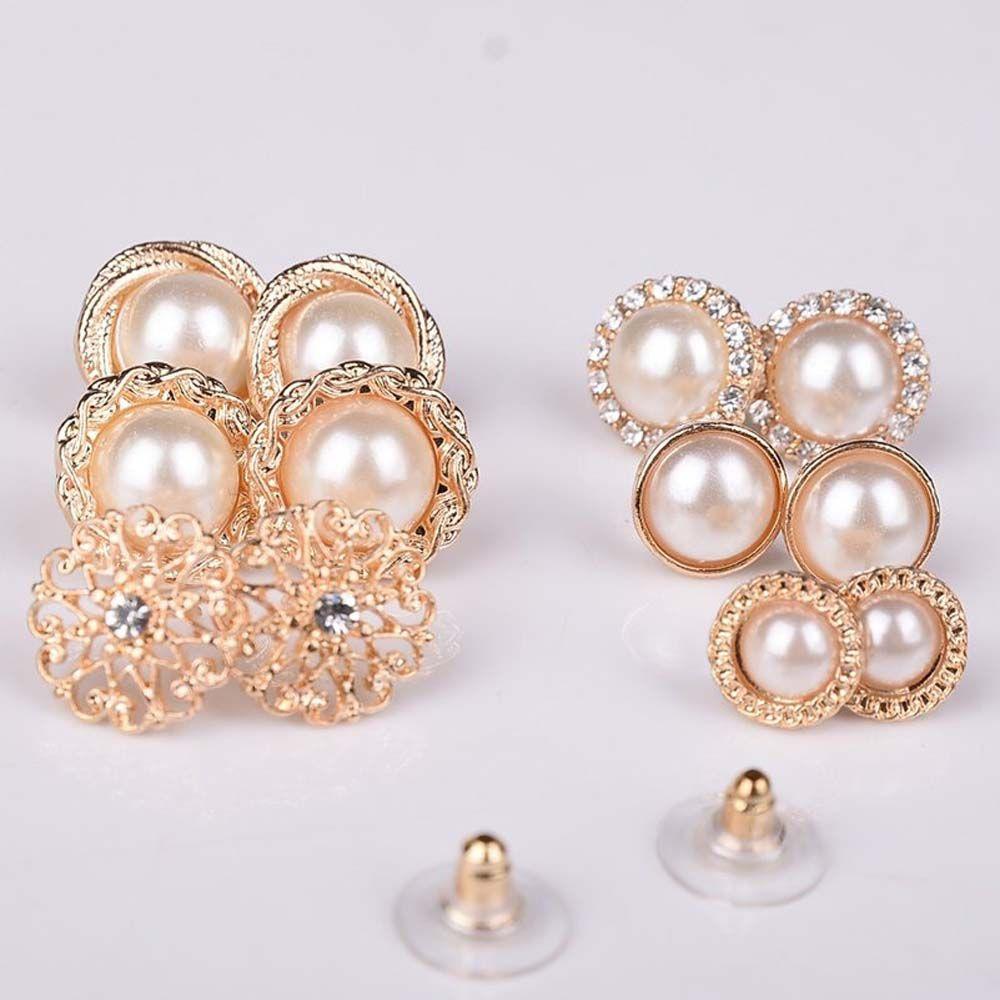 6 Pair/Lot Simulated Pearl Hollow Gold Color Flower Accessories Jewelry Earring Sets Stud Earrings