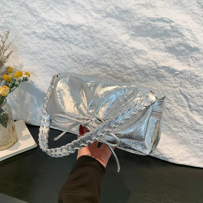 PU Umhängetaschen für Damen Reißverschluss Schleife Steppnähte Ketten Vielseitige Einfarbige Handtaschen Mode