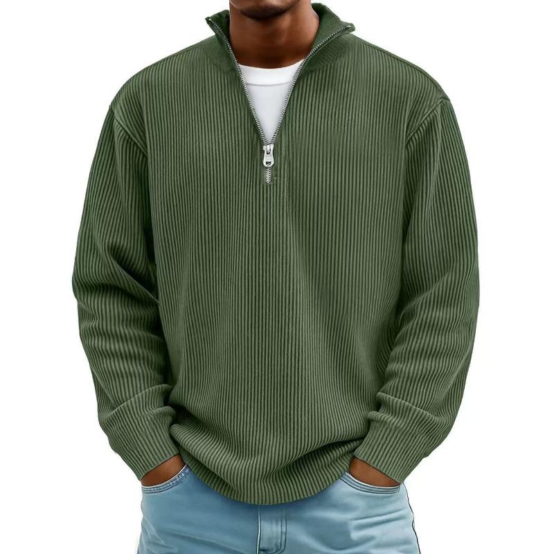 Fall Winter Men's Ribbed Knit Quarter Zip Pullover Long Sleeve Stand Collar Casual Sweatshirt