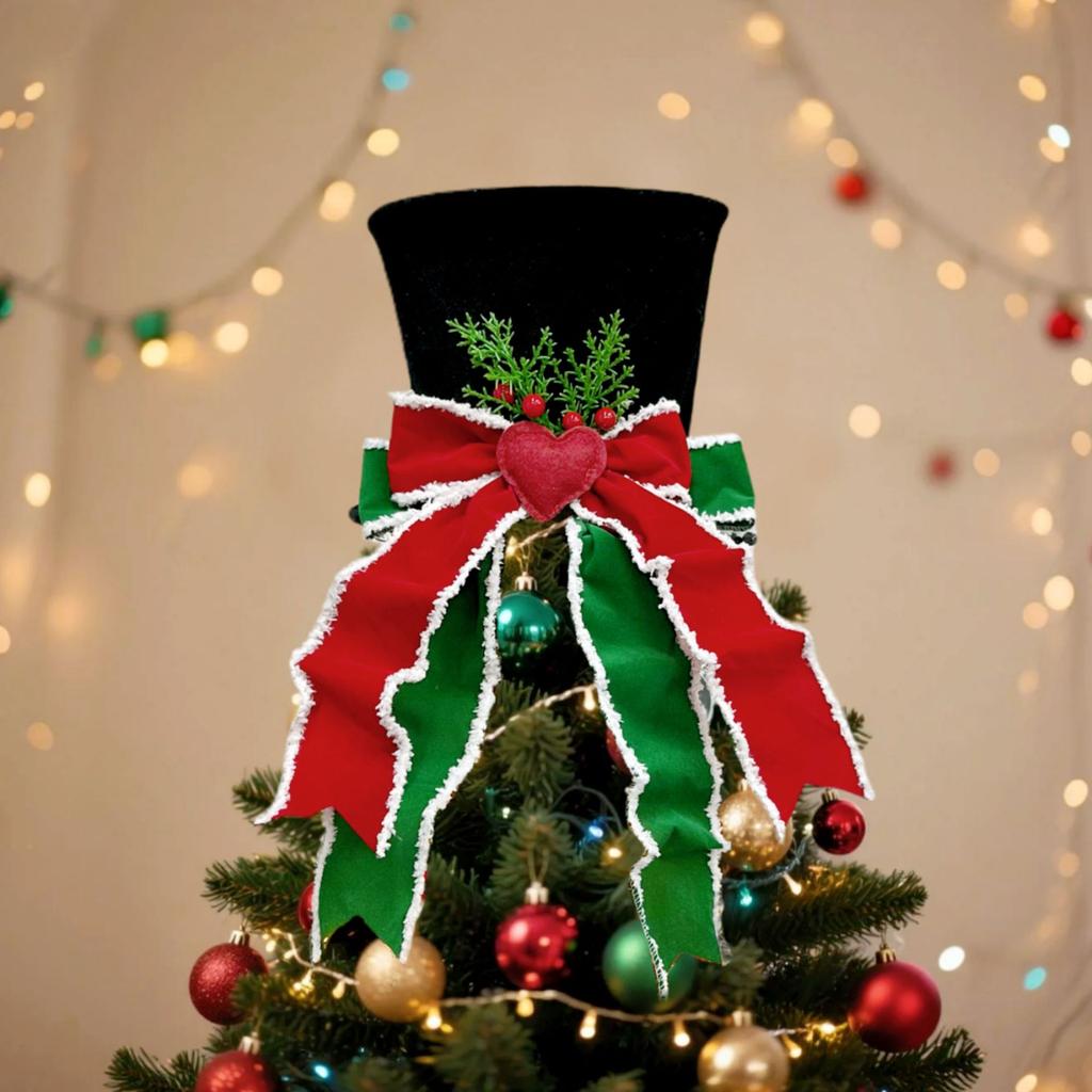 Christmas Tree Topper Hat Classic Heart Bow Hat Tree Topper Holiday Ornament for Home Decoration