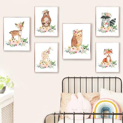 Watercolor Woodland Animal with Flowers Art Poster Prints Canvas Painting Kids Girls Room Bedroom Office Home Wall Decoration