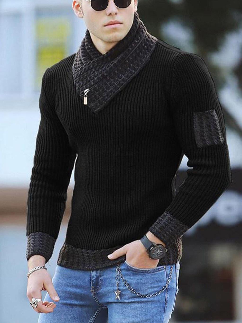 

Men s Slim-fit Patchwork Knit Pullover with Scarf Neck (2025 Model) S чорний