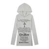Womens Gothic Hooded Long T-Shirt Dark Punk Cross Print Slim Fit Casual Streetwear