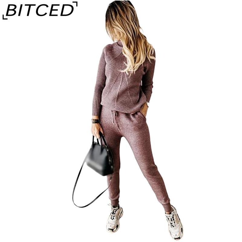 BITCED Autumn and Winter High-neck Solid-color Fashionable Casual Top + Trousers Sweater Set for Women