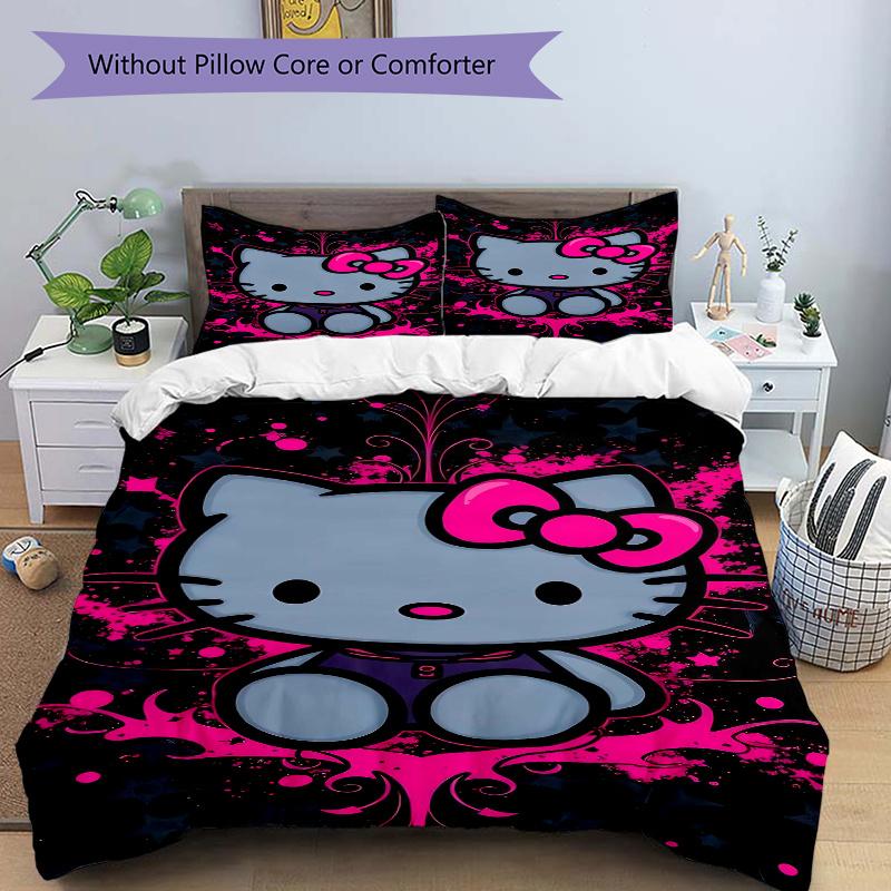 3pcs Cute and Fashion Hello Kitty Bedding Set Includes Quilt Cover and Pillowcases, Suitable for All Seasons, Machine Washable Ideal Gift S009