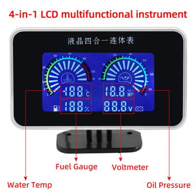 Medidor de nível de combustível LCD 4 em 1 + medidor de pressão de óleo + medidor de temperatura da água + VOLTS com sensor de tubo de junta de temperatura da água 26-40 mm