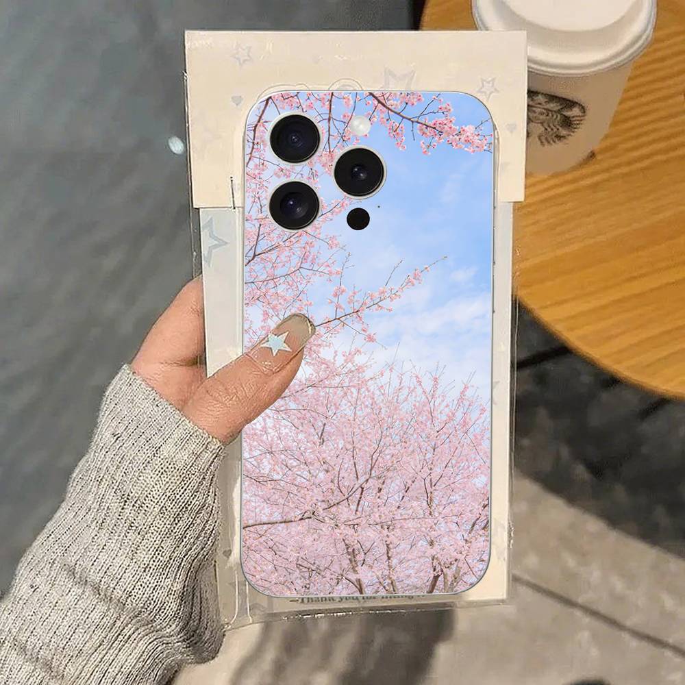 Pink Sakura Phone Case For IPhone 17 16 15 14 Plus 13 12 11 Pro Max Phone Back Cover Transparent Shockproof Cover