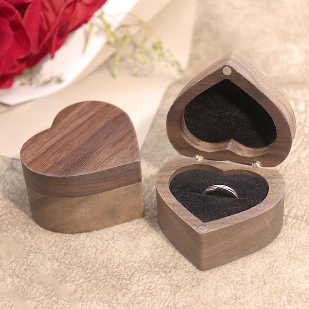 1/2 Slots Heart Rings Holder Wedding Rings Bearer Box Portable Walnut Wood Rings Box Propose