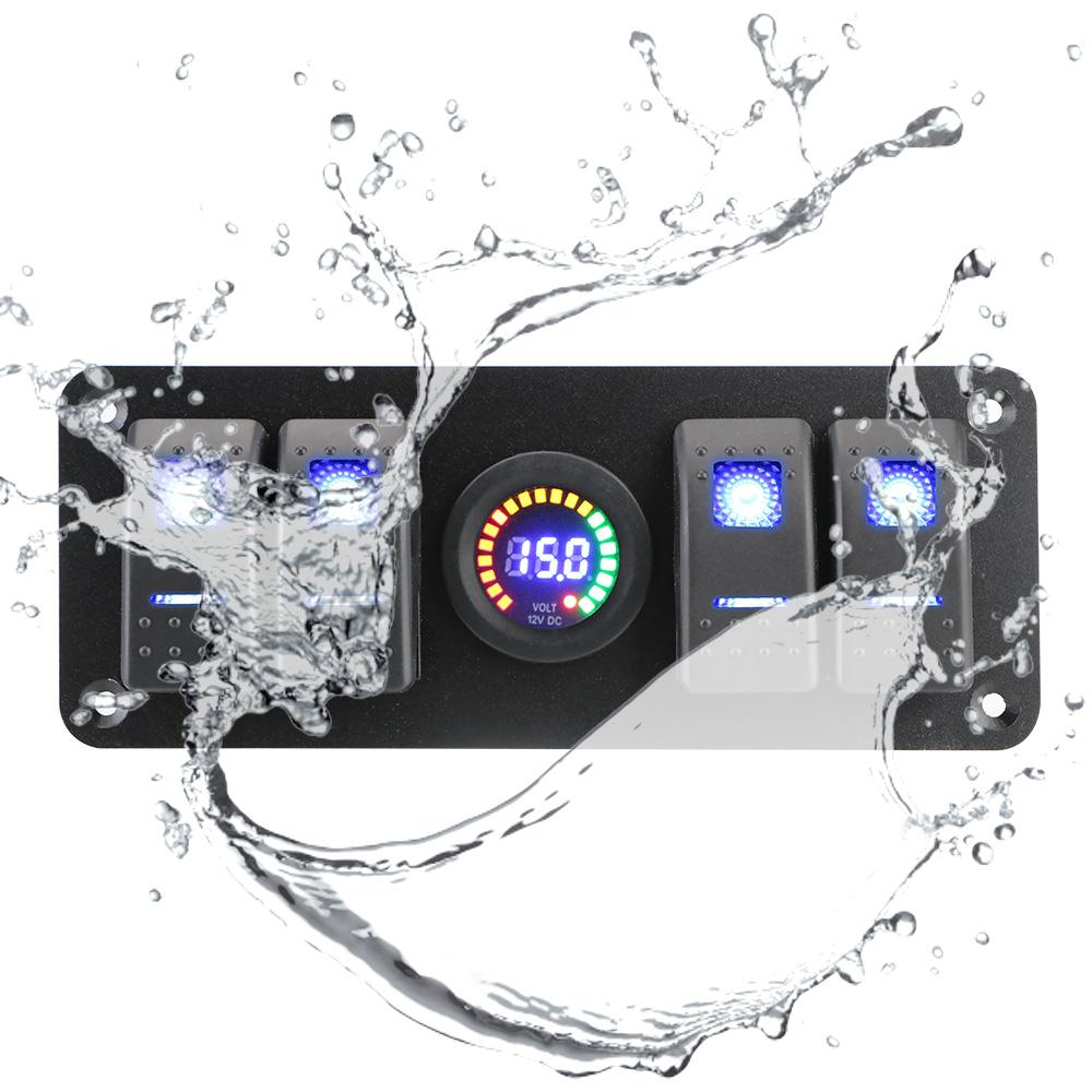 12/24V 4 In 1 ON-OFF Rocker Switch Panel for Car Marine Caravan RV Waterproof Circuit Breaker LED Voltmeter Double Light Switch