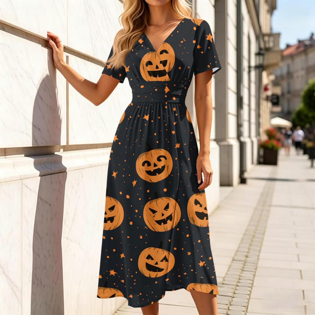 Women's V-Neck Short Sleeve Casual Dress with Halloween Print for Everyday Wear