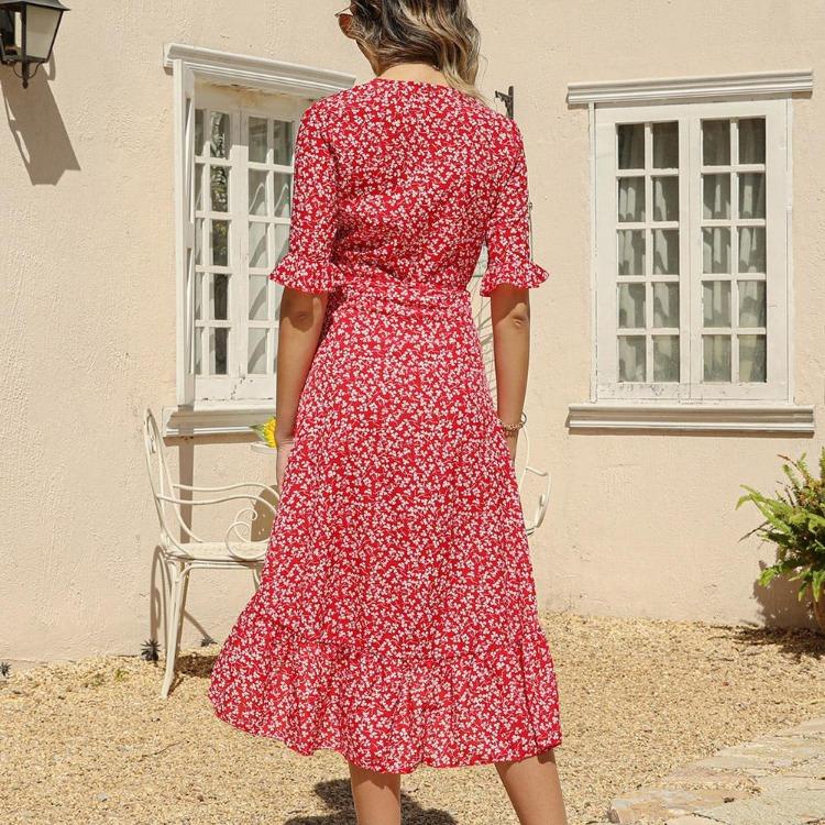 Sexy Women Summer Beach Dress Floral Printed V Neck Short Sleeve A Line Ruffled Split Lace Up Sizes S XXL