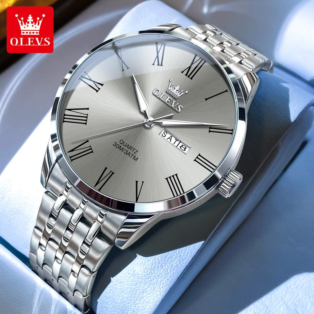 OLEVS 3633 Mens Watch Original Stainless Steel Quartz Watch Waterproof Luminous Week Date Watches For Man Large Dial Box Gifts