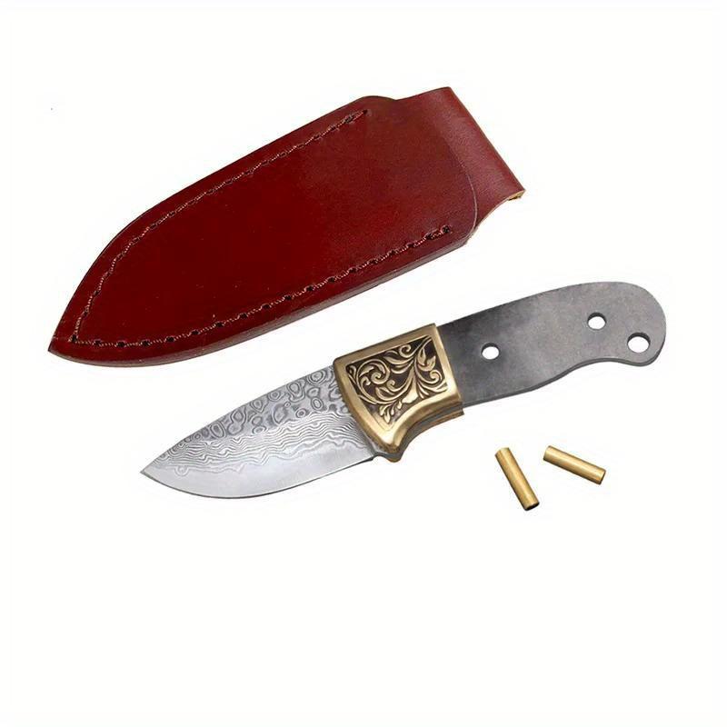 DIY Semi-finished VG10 Damascus Steel Fixed Blade Knife Billets - Edged Blade with Copper Umbrella Hole