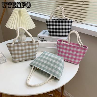 Damenhandtasche Karomuster Canvas Tasche Arbeit Schule Lunchtasche Tragbare Aufbewahrung Stofftasche