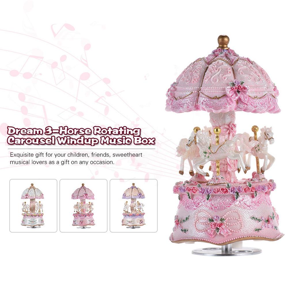 Luxury Dream 3 Horse Rotating Carousel Merry Go Round Windup Music Carousel with Colorful Color Change LED Luminous