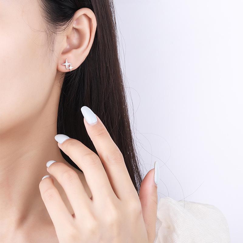 925 Sterling Silver Four-Pointed Star Stud Earrings for Women - Japanese and Korean Fresh Style with Full Diamond.