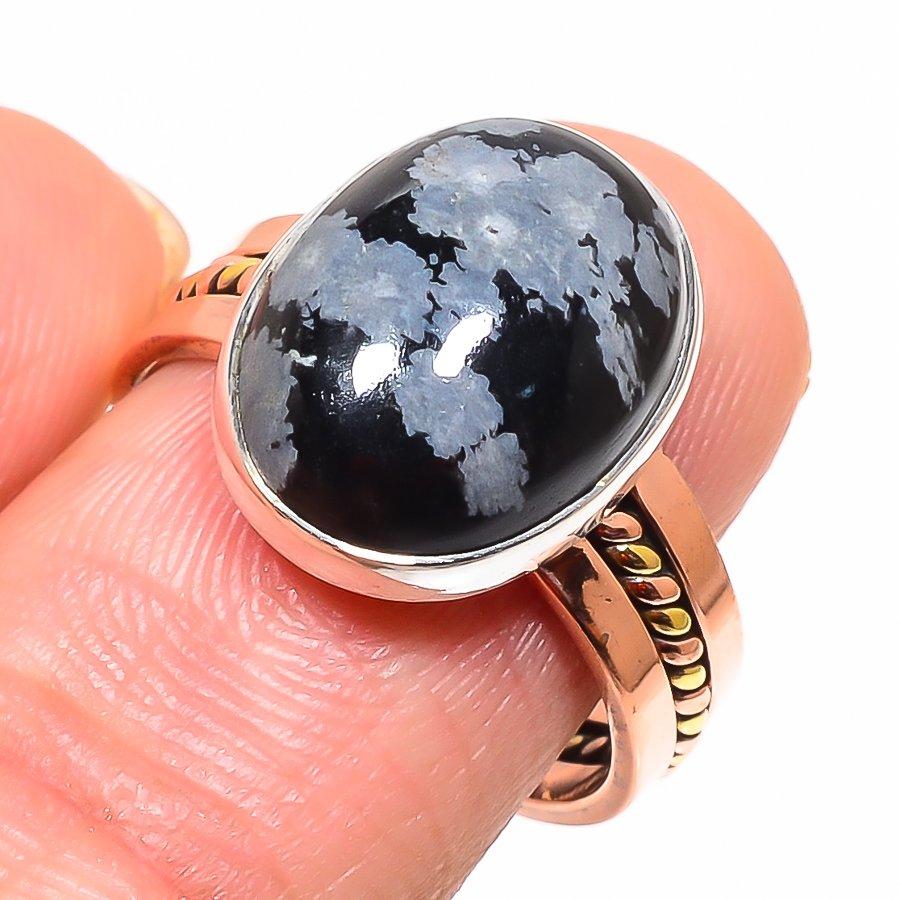 Natural Snowflake Obsidian Two Tone 925 Sterling Silver Jewelry Ring Size 9 M2b44