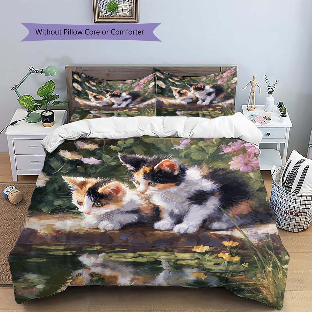 Calico Cat and Fresh Flowers Pattern Bedding Home Decoration Birthday Gift (1 * Duvet Cover + 2 * Pillowcase, Without Core)