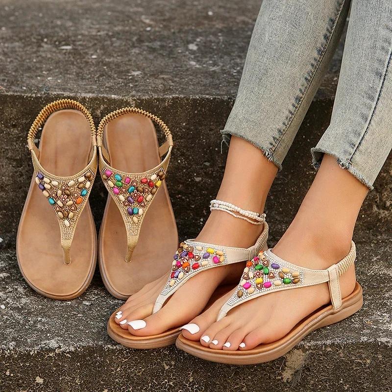 Fashion Summer Bohemain Flat Sandals for Women 2025 Colorful Beaded Decor Clip Toe Roman Sandals Woman Soft Sole Non Slip Beach Shoes