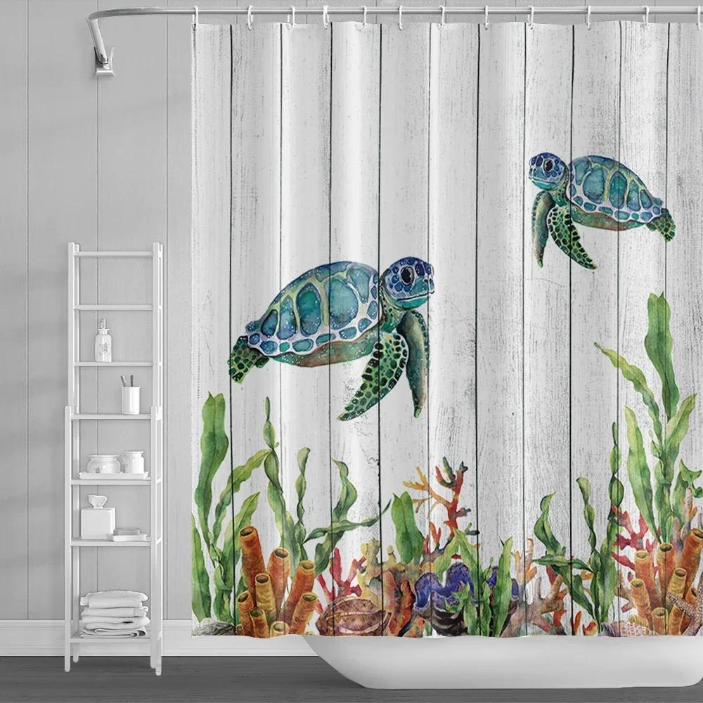 Fun Cartoon Sea Animal Shower Curtain, Sea Turtle Octopus Jellyfish Whale Crab Sea Life Landscape, Bathroom Shower Curtain Set