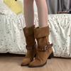 Sheepskin Version~ Skinny Niche Design Belt Buckle Retro Pointed Head Thick Heel Showing Legs Thin Temperament Versatile Fashion Boots