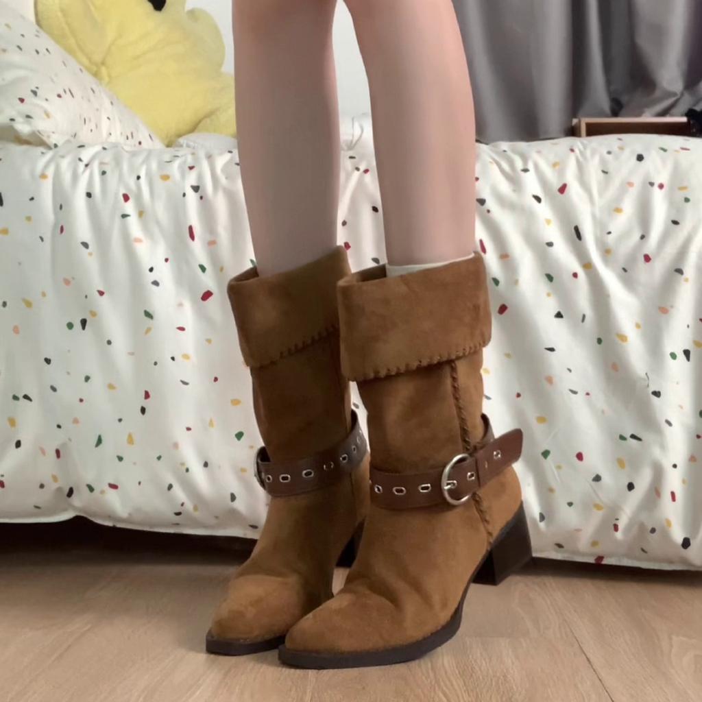 Sheepskin Version~ Skinny Niche Design Belt Buckle Retro Pointed Head Thick Heel Showing Legs Thin Temperament Versatile Fashion Boots