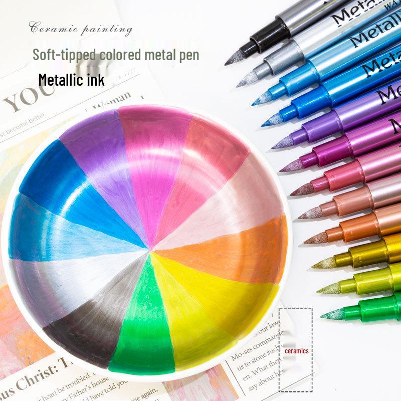 GN550B Metallic Kleur Zachte Punt Markers - Goud, Zilver, Koper Borstel Graffiti Pennen