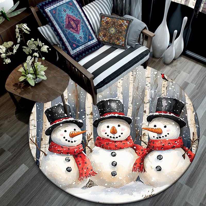 Forest Snowman Round Area Rug,Carpet Rug for Living Room Bedroom Sofa Playroom Decor,Non-slip Floor Mat