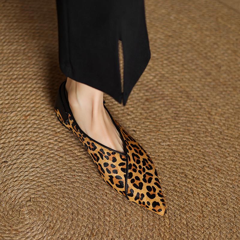 Fashion Fashion Single Shoes Ballet Shoes Women's Retro Leopard Print Genuine Leather Pointed Toe Pumps Lady 2025 New Shoes for Women