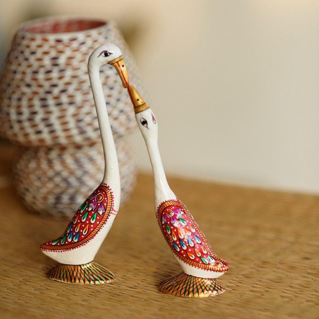 Loving Swan Couple White Meenakari Metal Figurine (8 Cm X 3 Cm X 18)