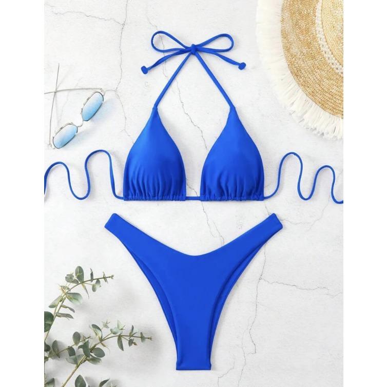 2025 Women White Bikini Chest Padded New Sexy Halter Bikini Two-Piece Set with Drawstring Straps Solid Brazilian Bathing Suit