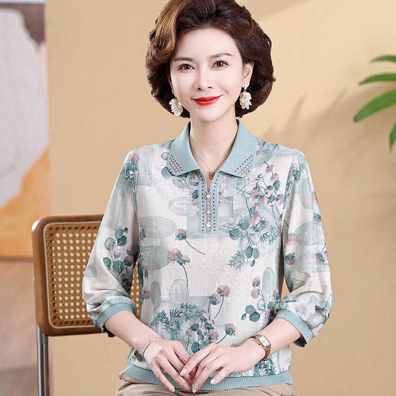 

New Floral Ice Silk Top for Moms - Mid-Aged & Elderly Short-Sleeved Lapel Shirt XL (Recommended 100-110 lbs) зелёный