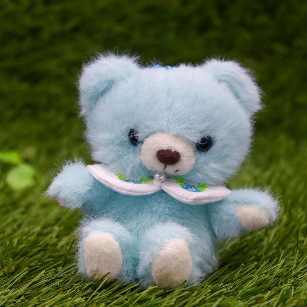Take Off Baby Bear Drop Plush Keychain Retro pastel colored bear with cute floral embroidery on collar Blue